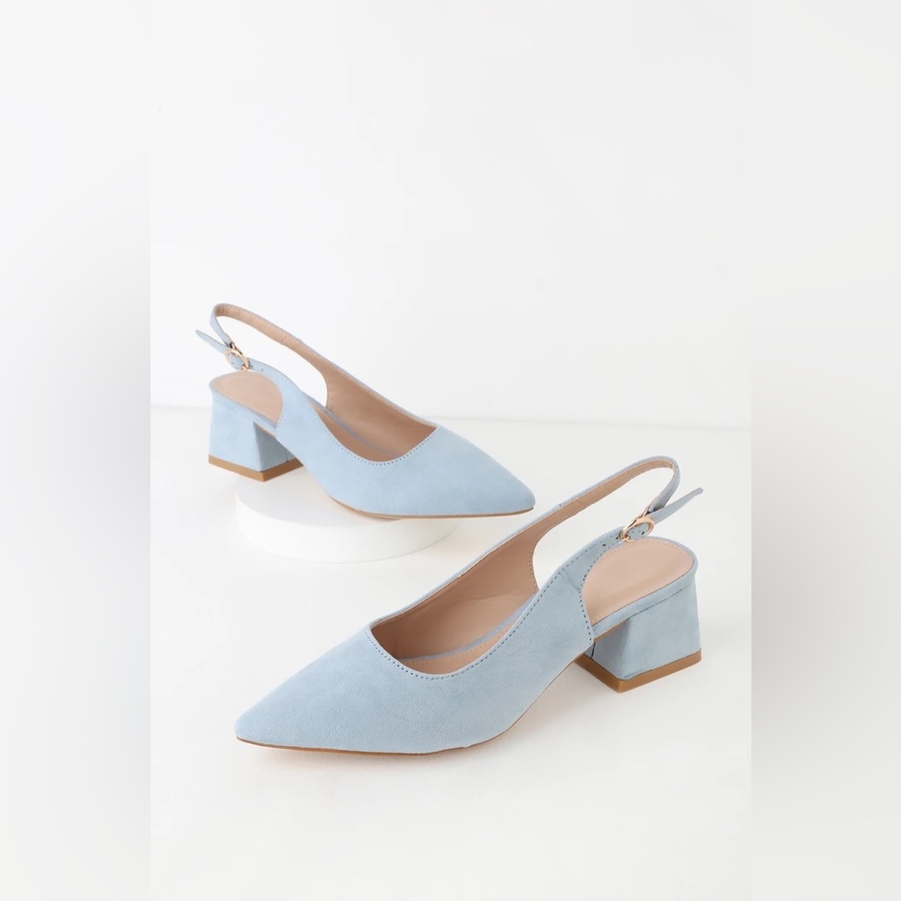 LULU’S Genesis Blue Suede Pointed Toe Slingback Pumps, 8.5